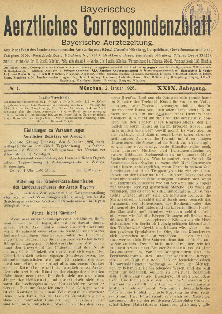 Titelseite der Fachzeitschrift "Bayerisches Aerztliches Correspondenzblatt" vom 2. Januar 1926 mit dicht gesetztem Text und Beiträgen zur ärztlichen Selbstverwaltung in Bayern.