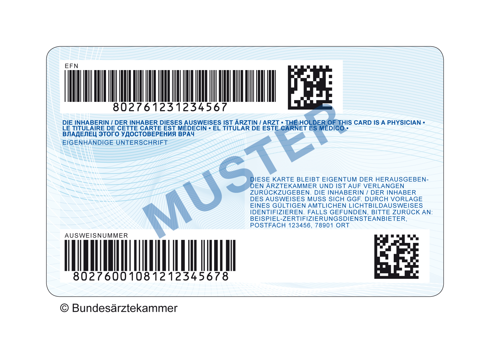 Rückseite eines elektronischen Arztausweises mit Barcode, QR-Code, Ausweisnummer und mehrsprachigem Hinweis zur Identifikation der Karteninhaberin bzw. des Karteninhabers als Ärztin oder Arzt.
