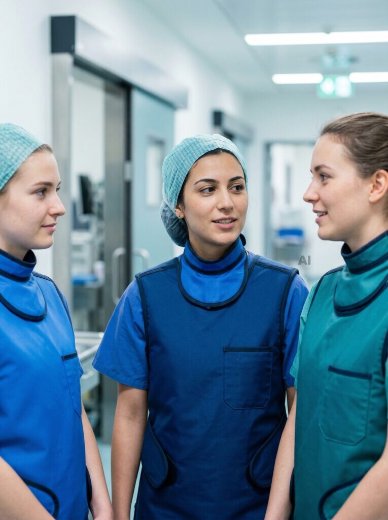 Drei Klinikmitarbeiterinnen im Gespräch auf einem Flur, mit Strahlenschutzschürzen und OP-Hauben.