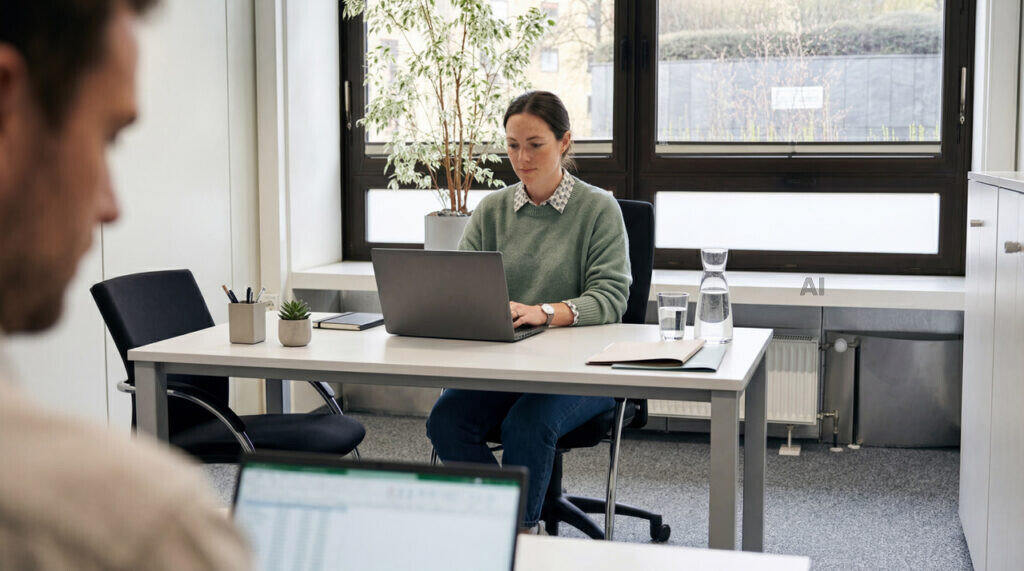 Alt-Text: Frau arbeitet am Laptop im Büro, im Vordergrund eine weitere Person an einem Bildschirm mit Tabelle.