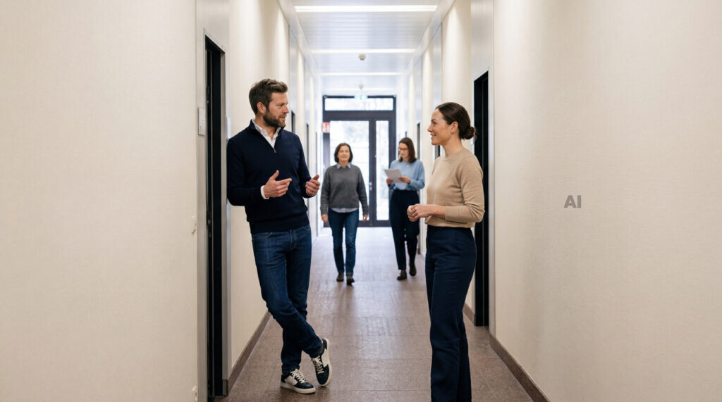 Menschen im Gespräch auf einem Bürokorridor, im Hintergrund zwei weitere Personen.