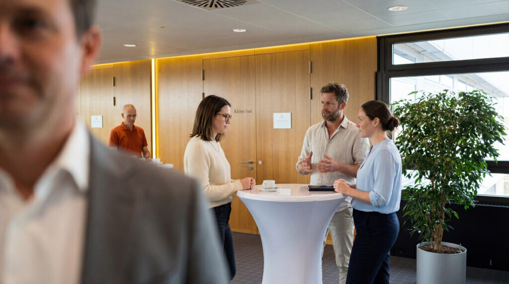 Menschen im Gespräch an einem Stehtisch während einer Netzwerkpause bei einer Veranstaltung.