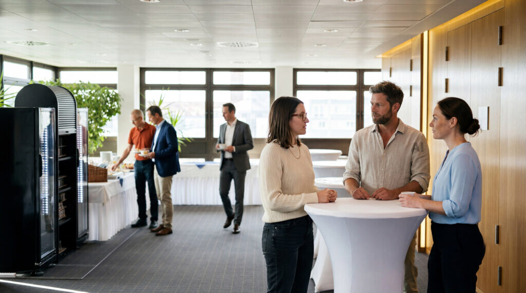 Menschen im Gespräch an Stehtischen während einer Netzwerkpause, im Hintergrund ein Buffet.
