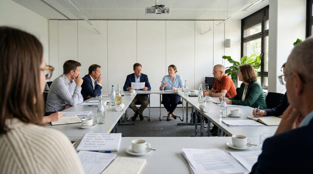 Gremiensitzung im U-förmigen Konferenzraum, mehrere Personen mit Unterlagen an Tischen.
