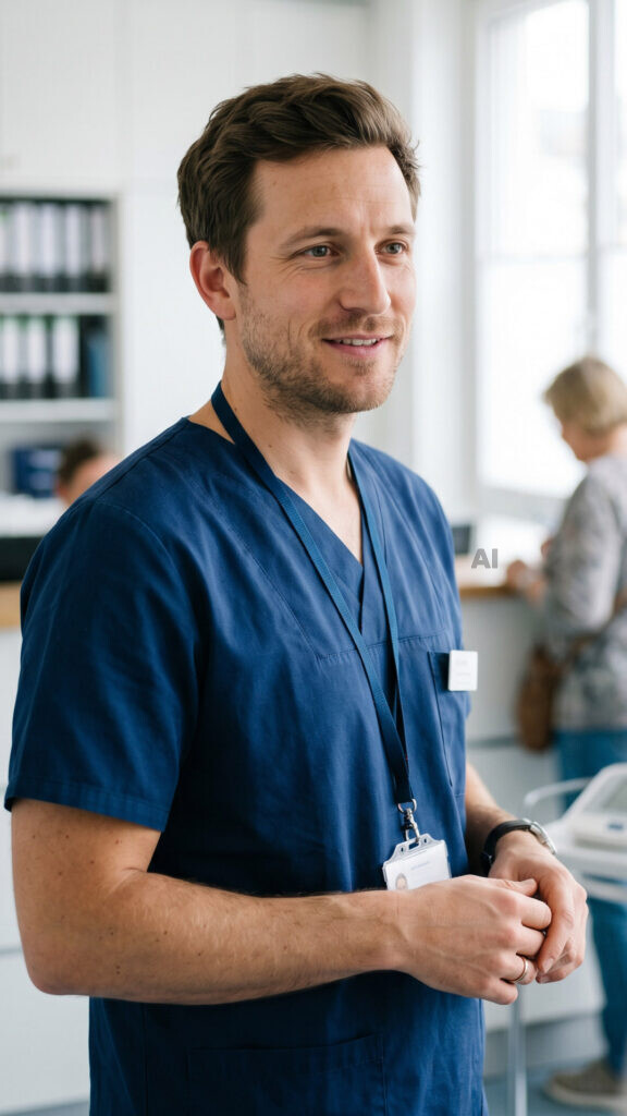 Klinikmitarbeiter mit Namensschild lächelt in einem Arbeitsumfeld, im Hintergrund eine weitere Person.