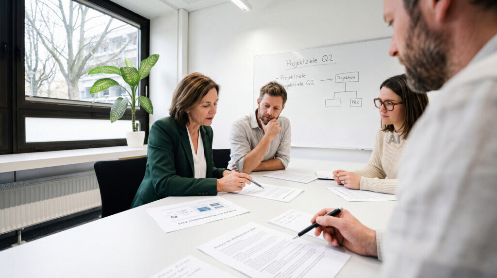 Gruppe diskutiert in einer Besprechung vor einem Whiteboard mit Themen wie Weiterbildung, Qualitätssicherung und Prävention.